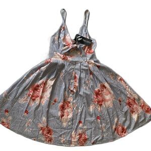 FANCYINN Halter Dress Mini Cutout Striped Floral Sleeveless Womens M White Blue